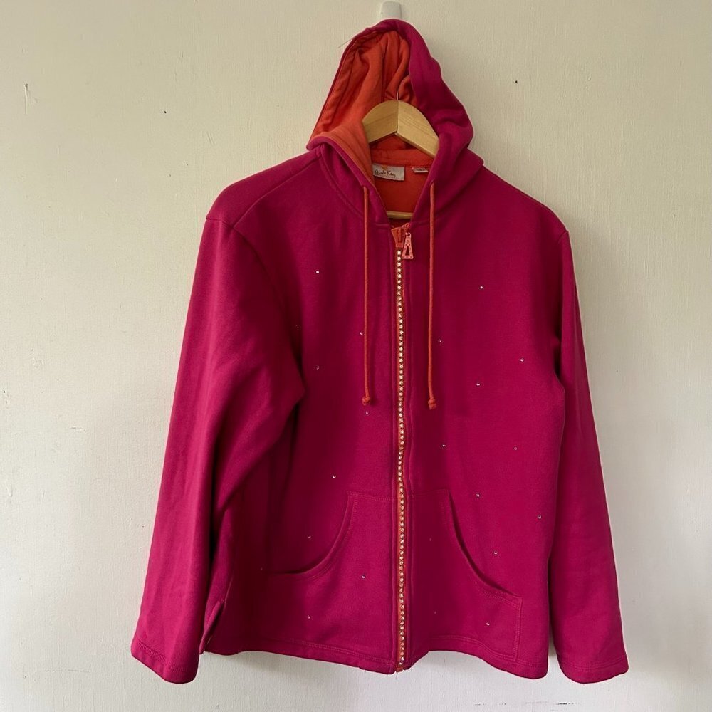Quacker Factory Hoodie‎ Womens Large Sweatshirt Zip Front Pink Rhinestones